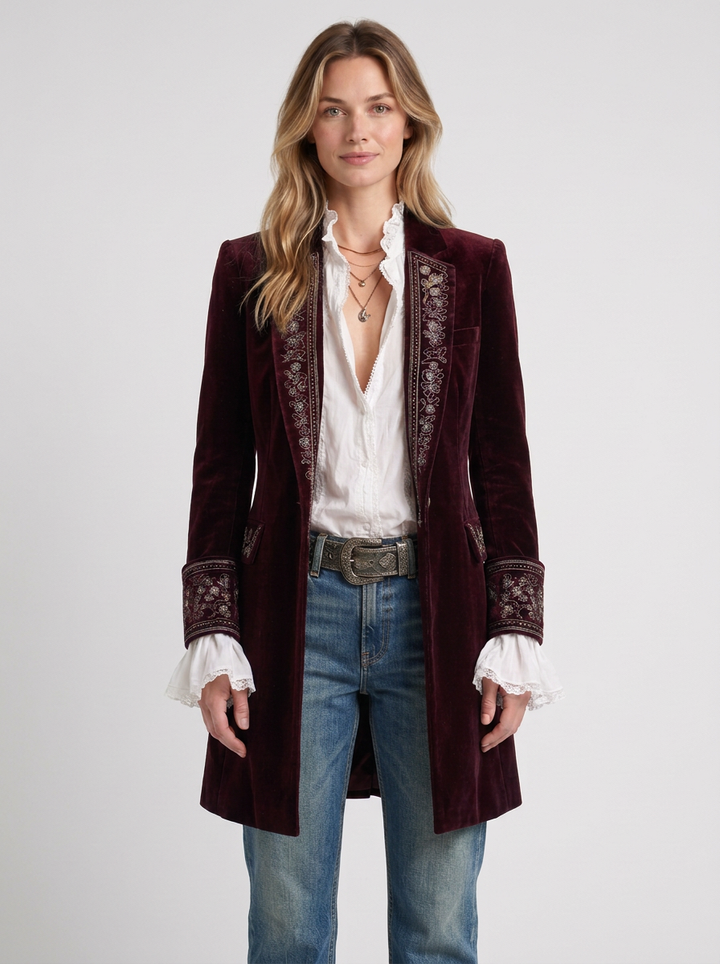 Navy Blue Long Jacket with Embroidery for Women