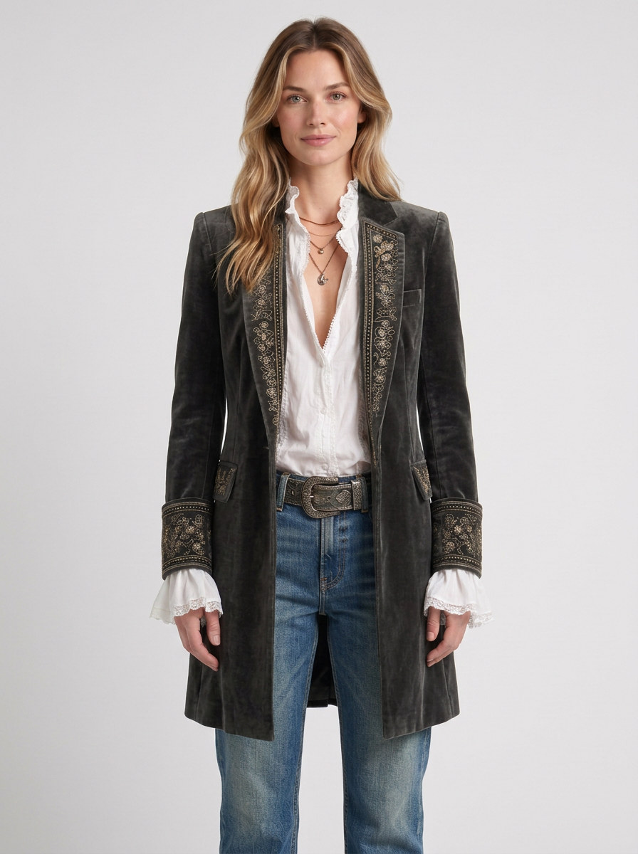 Navy Blue Long Jacket with Embroidery for Women
