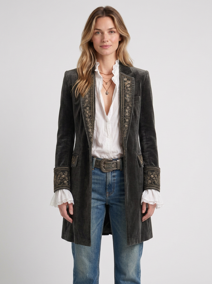 Navy Blue Long Jacket with Embroidery for Women