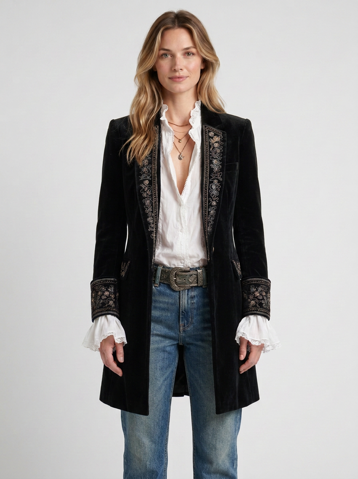 Navy Blue Long Jacket with Embroidery for Women