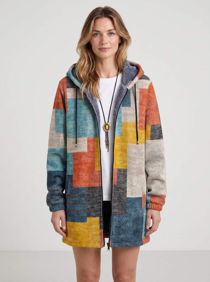 Hooded Patchwork-Pattern Cardigan For Women