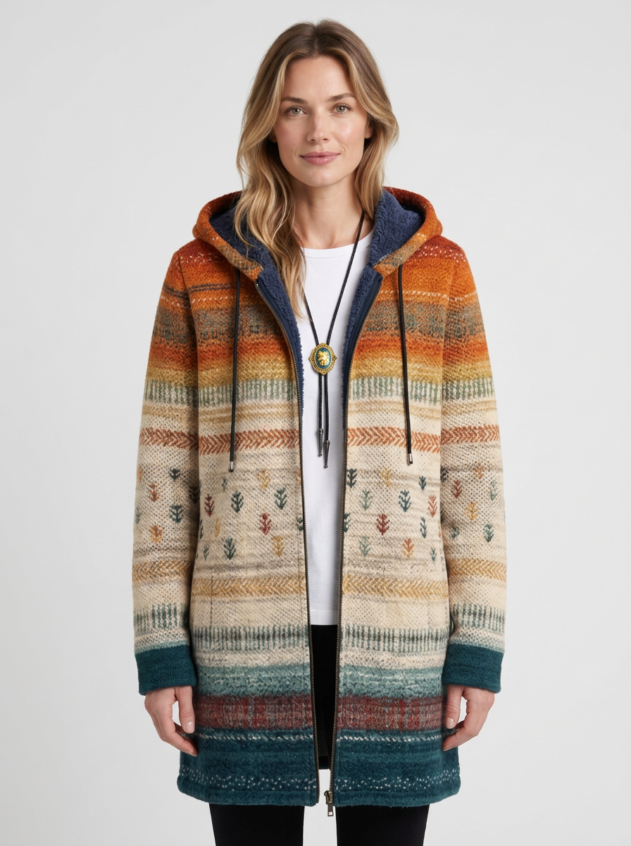 Hooded Cardigan Coat with Artistic Pattern for Women