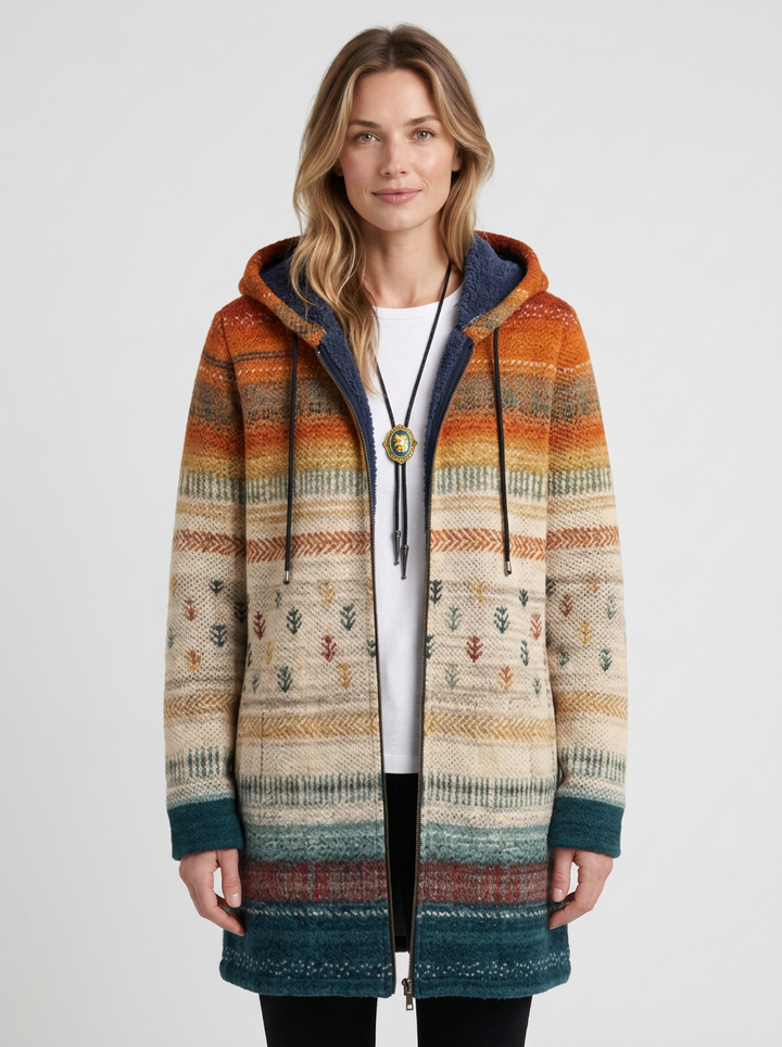 Hooded Cardigan Coat with Artistic Pattern for Women