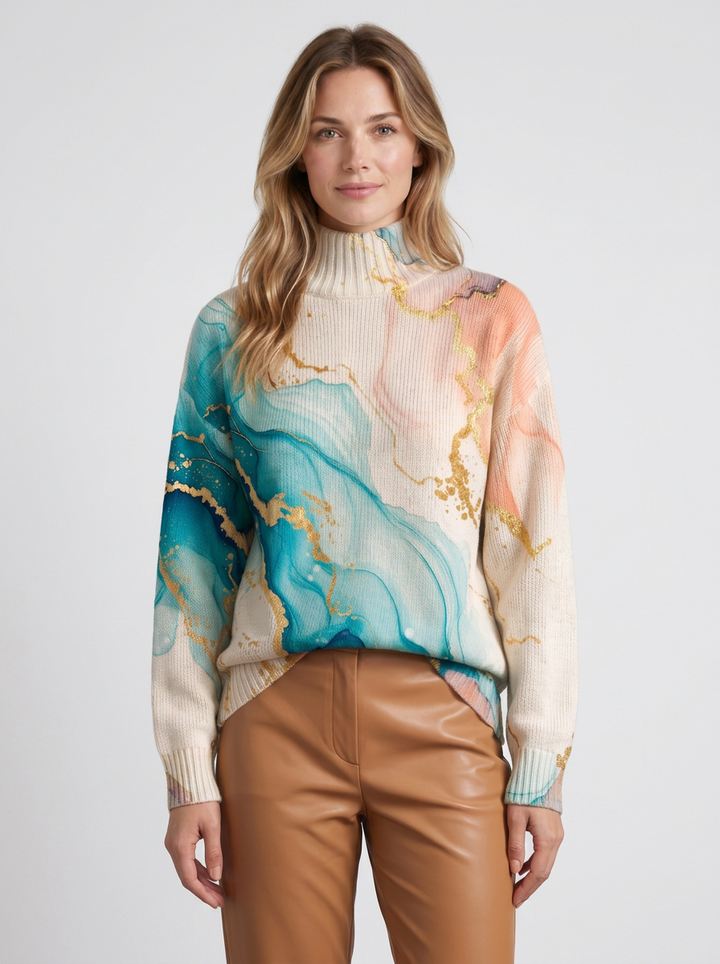 Marble-Print Roll-Neck Jumper For Women