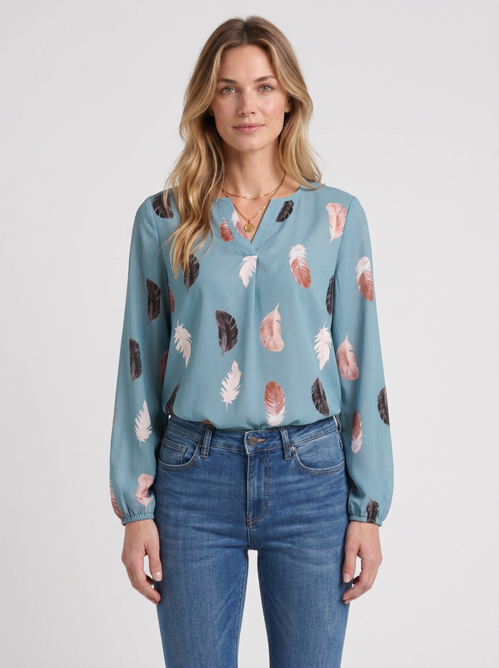 Feather-Print V-Neck Blouse For Women