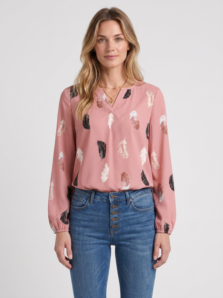 Feather-Print V-Neck Blouse For Women