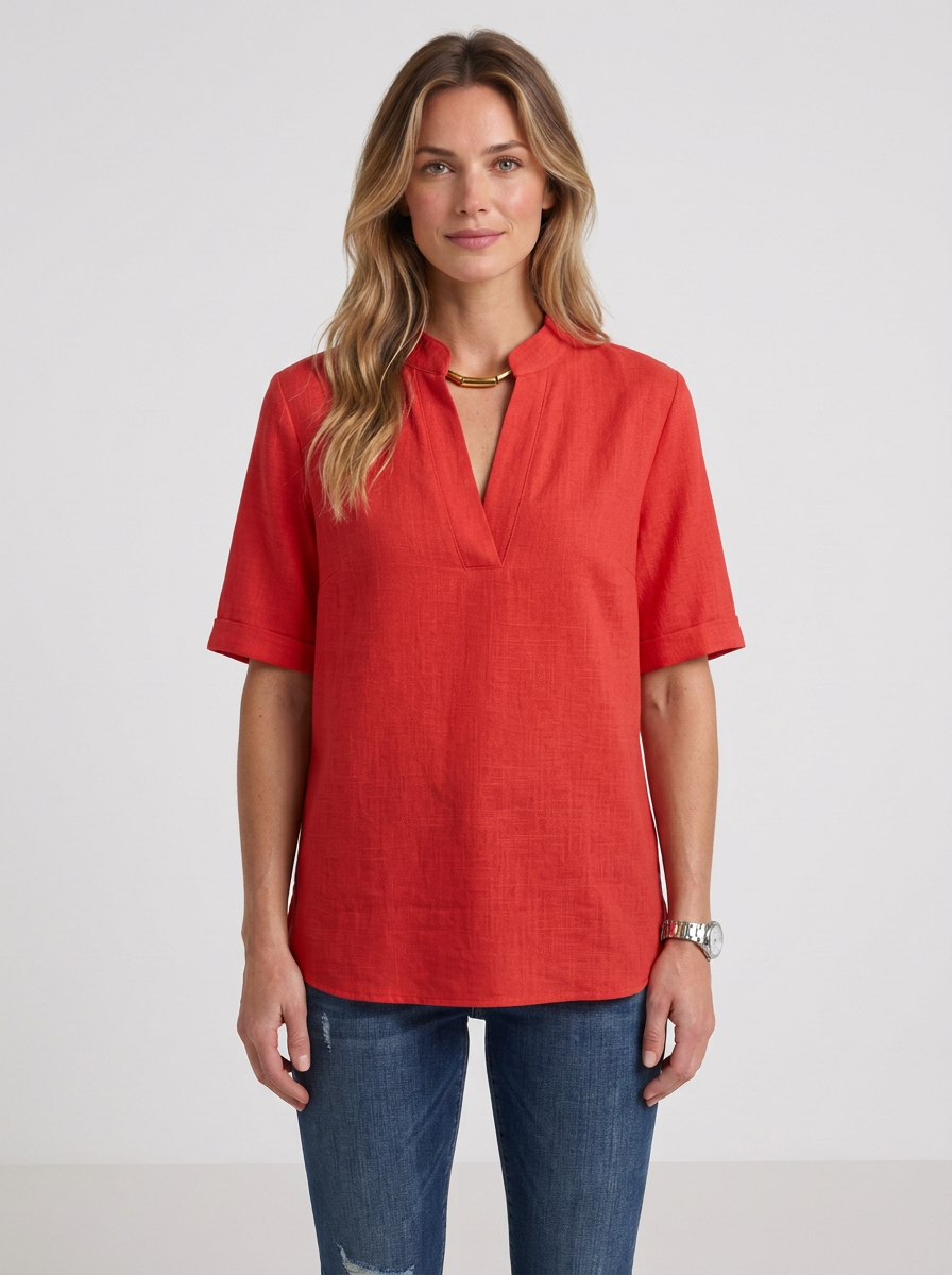 Fluid Blouse with V-Neck and Gold Detail for Women