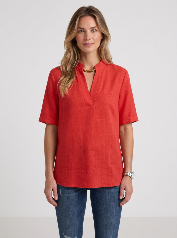 Fluid Blouse with V-Neck and Gold Detail for Women