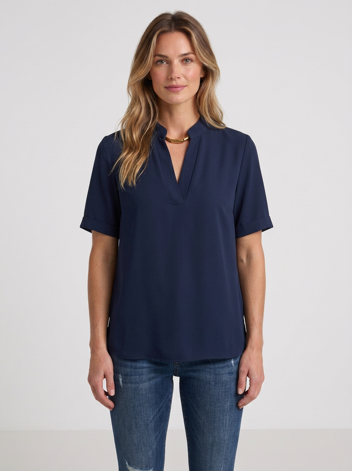 Fluid Blouse with V-Neck and Gold Detail for Women