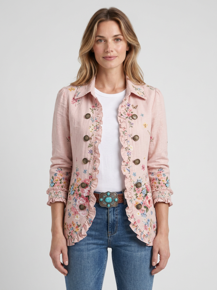 Floral Ruffle Button Jacket For Women