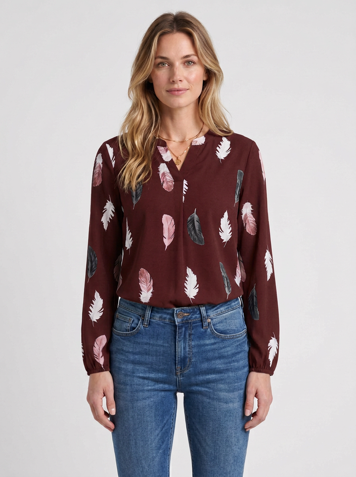Feather-Print V-Neck Blouse For Women