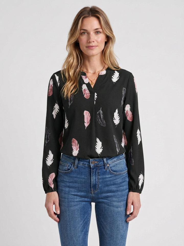 Feather-Print V-Neck Blouse For Women