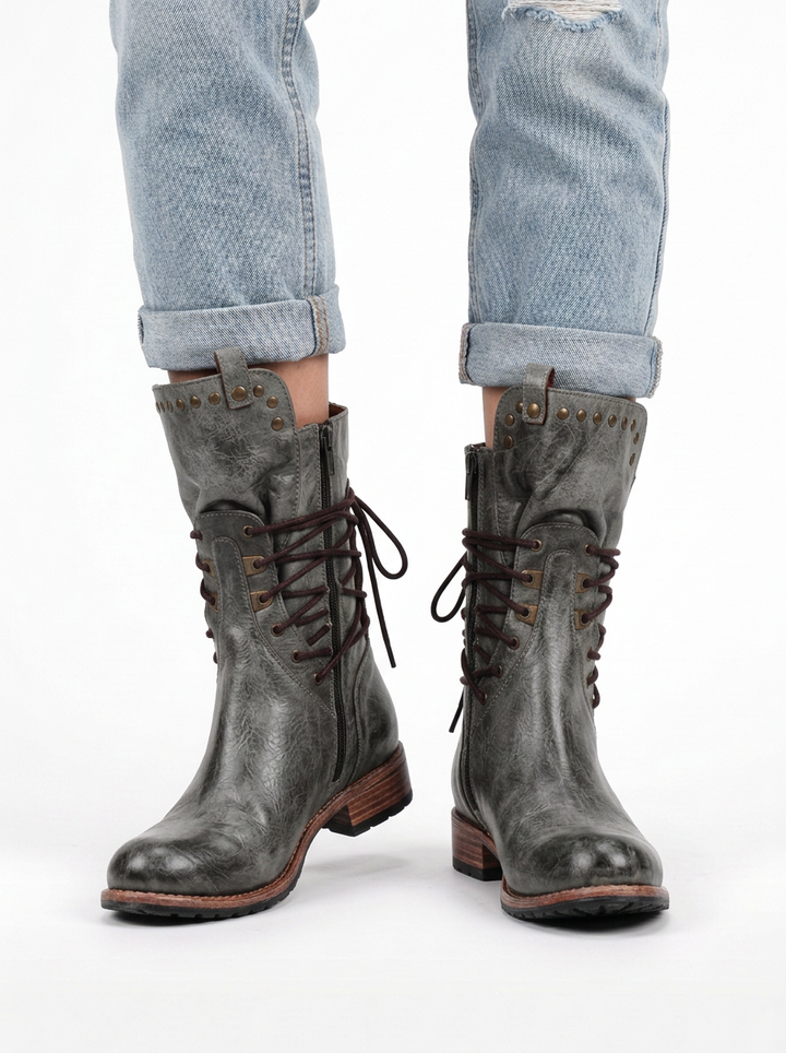 Western Lace-Up Ankle Boots with Metallic Studs and Small Heel for Women