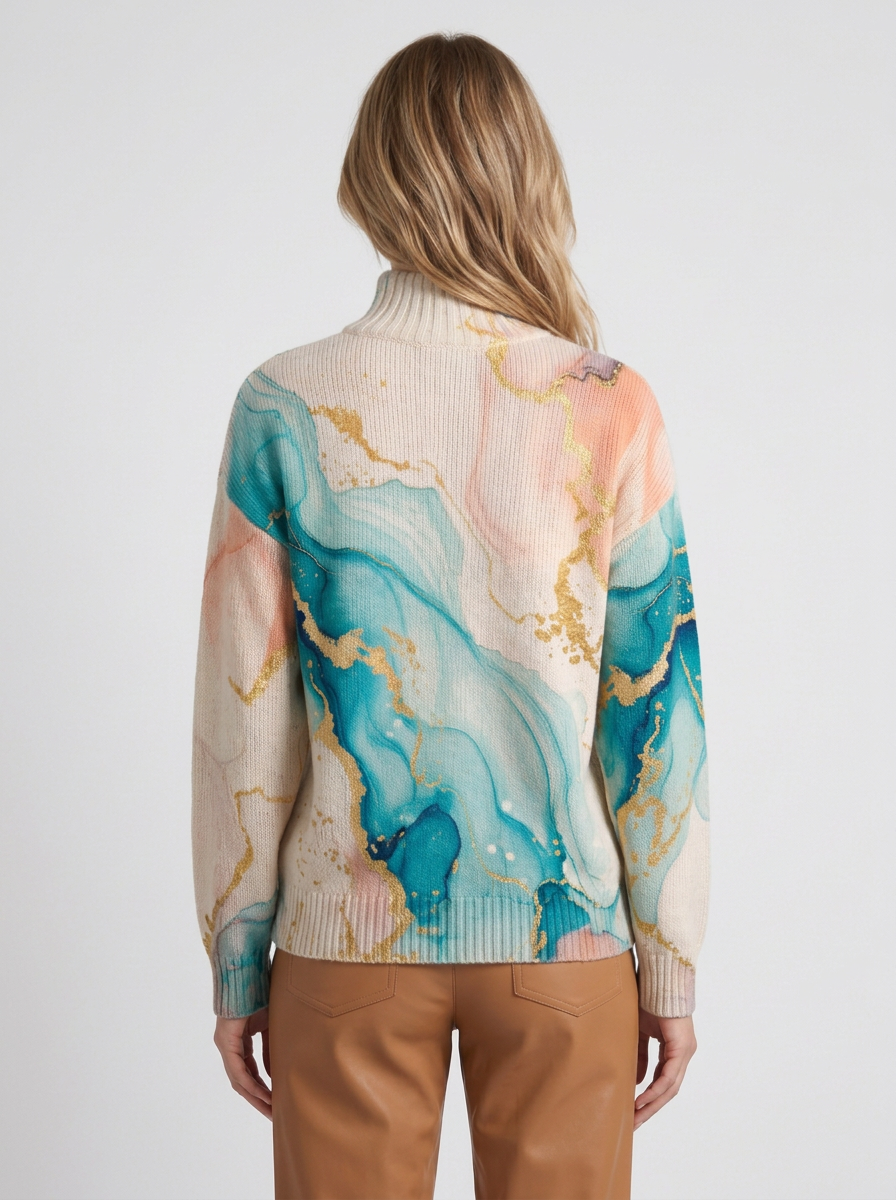 Marble-Print Roll-Neck Jumper For Women
