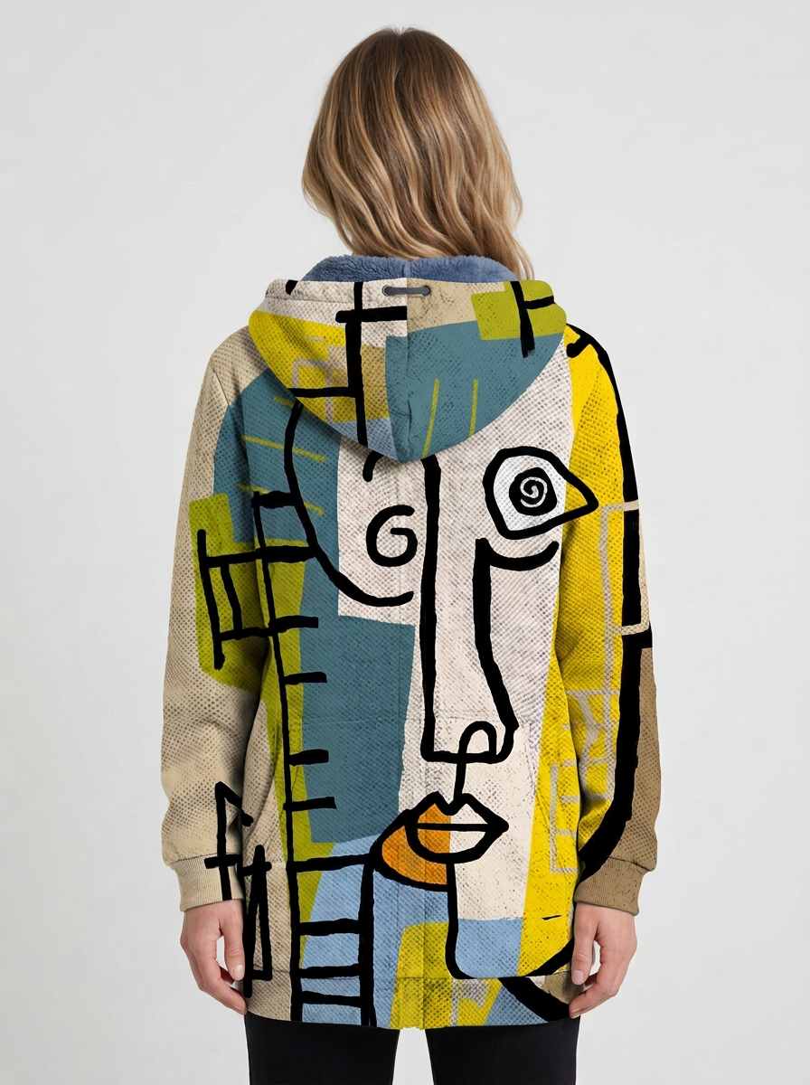 Cream Art-Print Long Hooded Zip Cardigan For Women