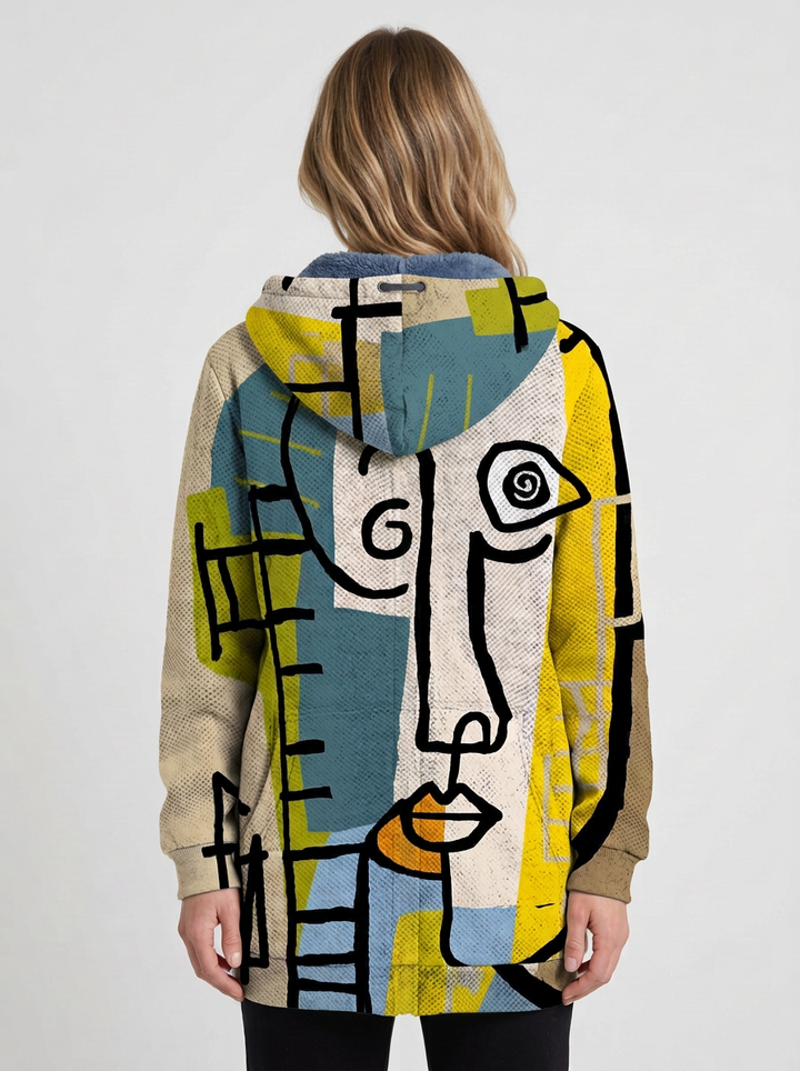 Cream Art-Print Long Hooded Zip Cardigan For Women