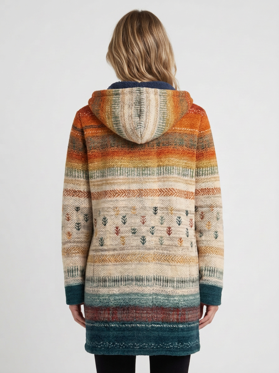 Hooded Cardigan Coat with Artistic Pattern for Women