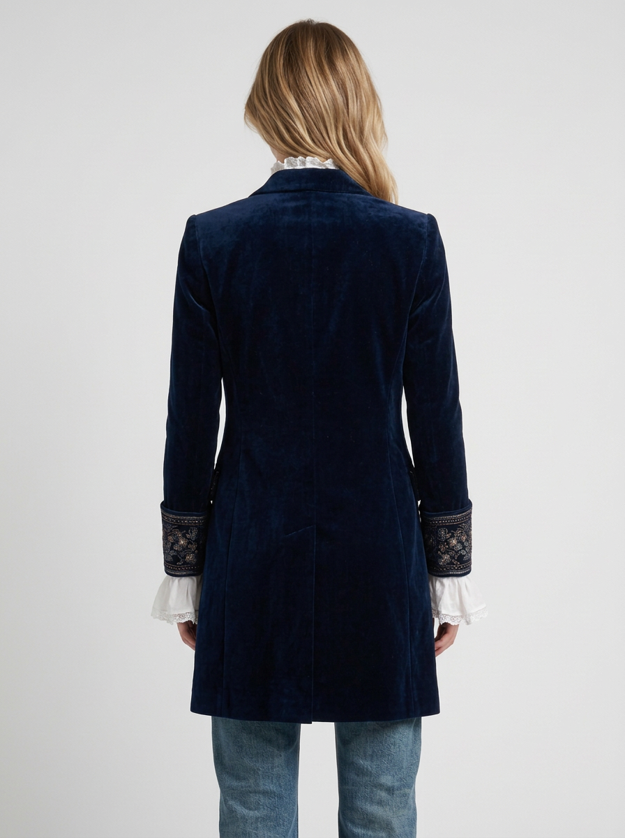 Navy Blue Long Jacket with Embroidery for Women