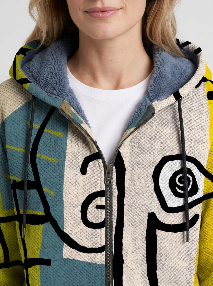 Cream Art-Print Long Hooded Zip Cardigan For Women
