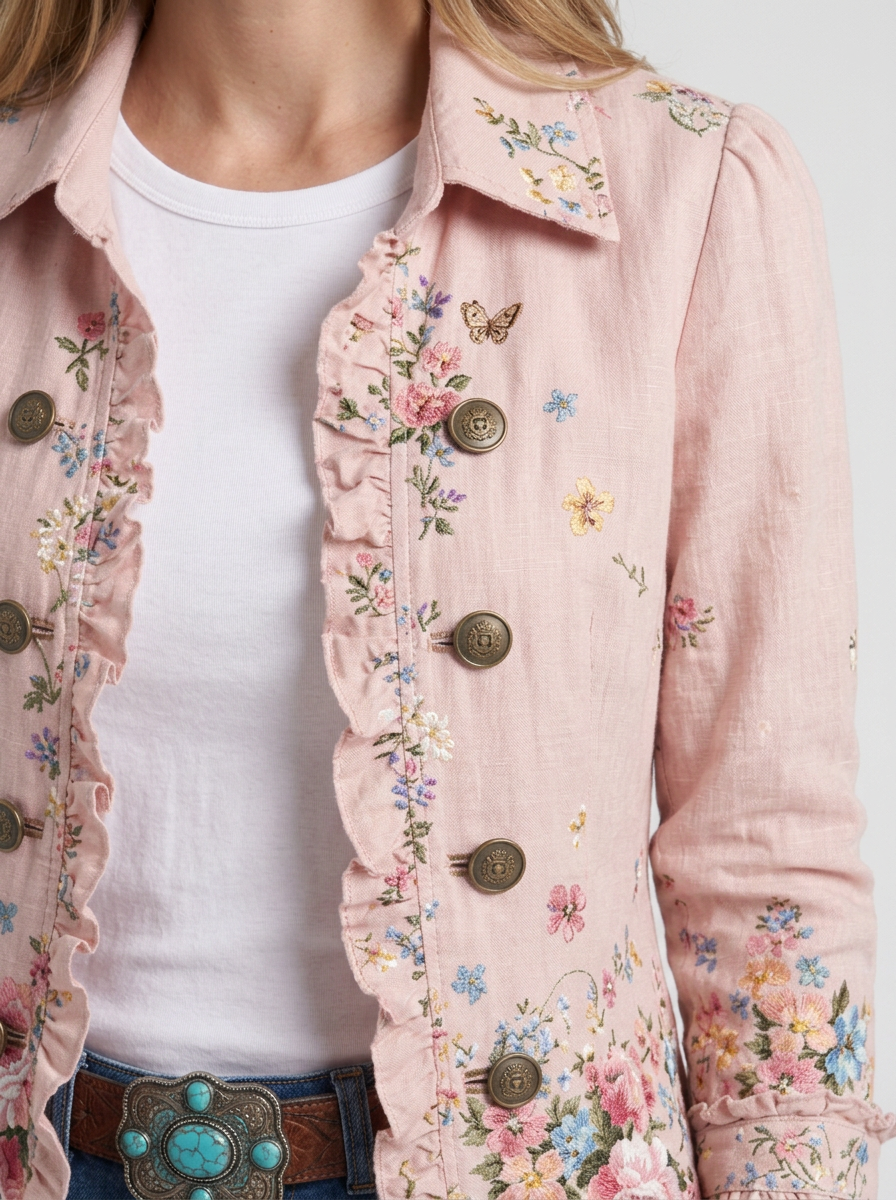 Floral Ruffle Button Jacket For Women