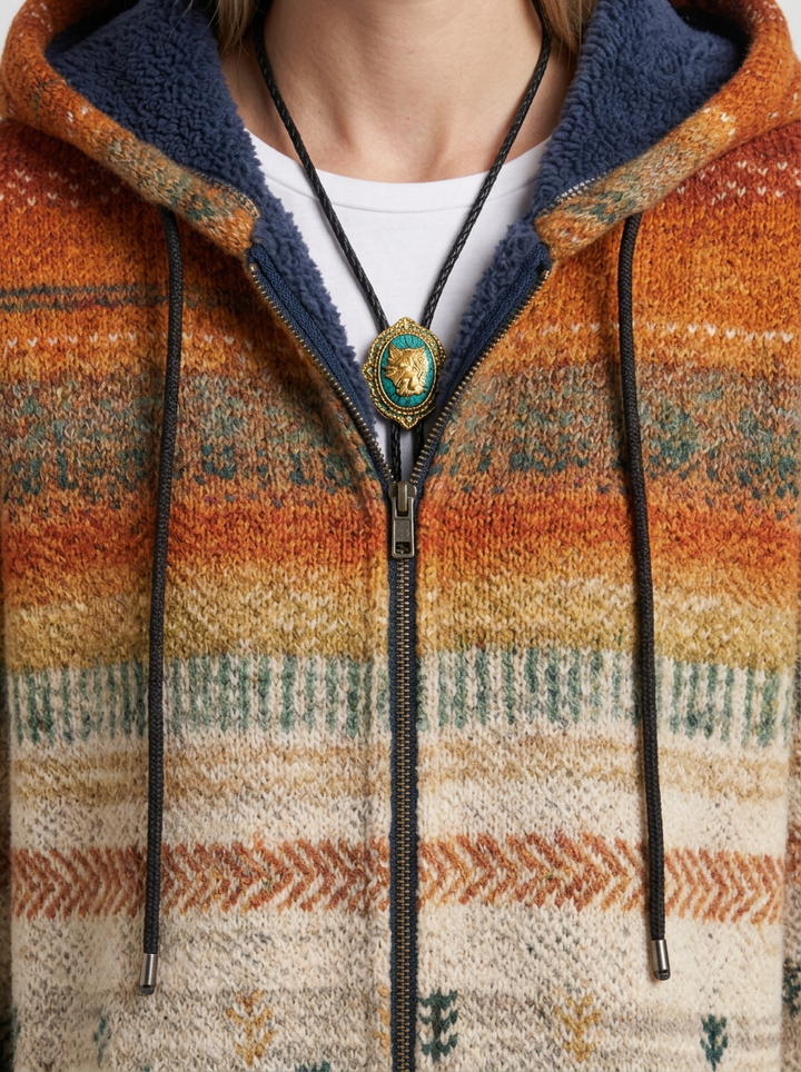 Hooded Cardigan Coat with Artistic Pattern for Women