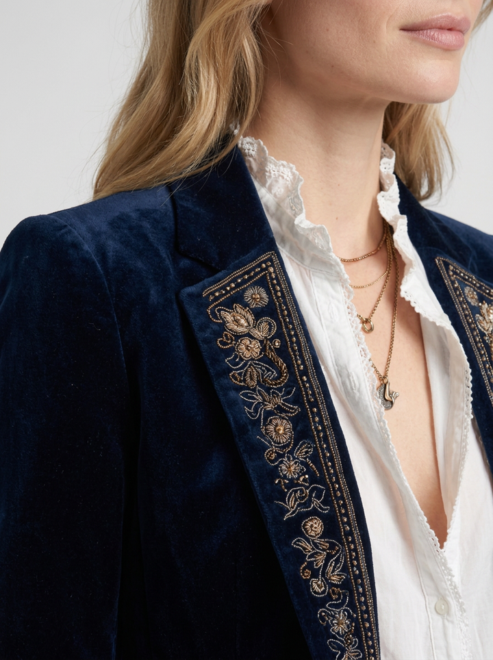 Navy Blue Long Jacket with Embroidery for Women