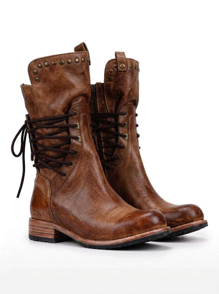 Western Lace-Up Ankle Boots with Metallic Studs and Small Heel for Women