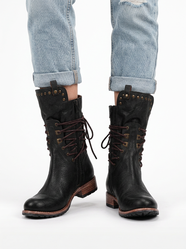 Western Lace-Up Ankle Boots with Metallic Studs and Small Heel for Women