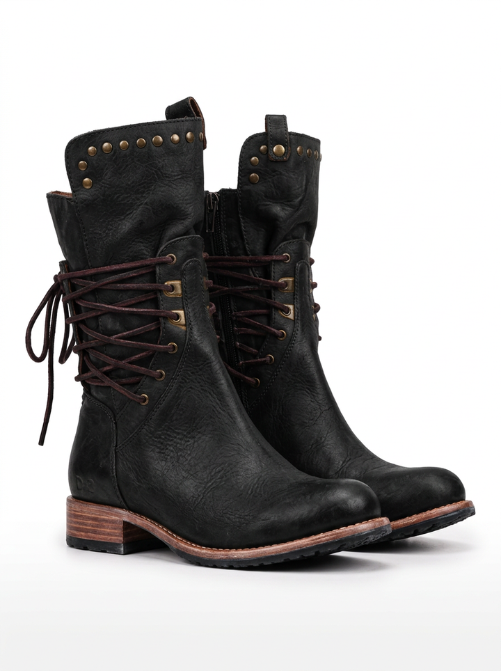 Western Lace-Up Ankle Boots with Metallic Studs and Small Heel for Women