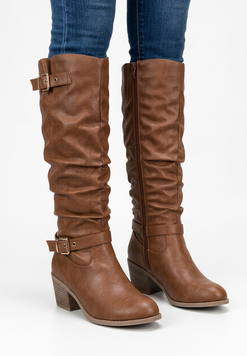 High Knee Pleated Effect Block Heel Boots with Decorative Buckles for Women