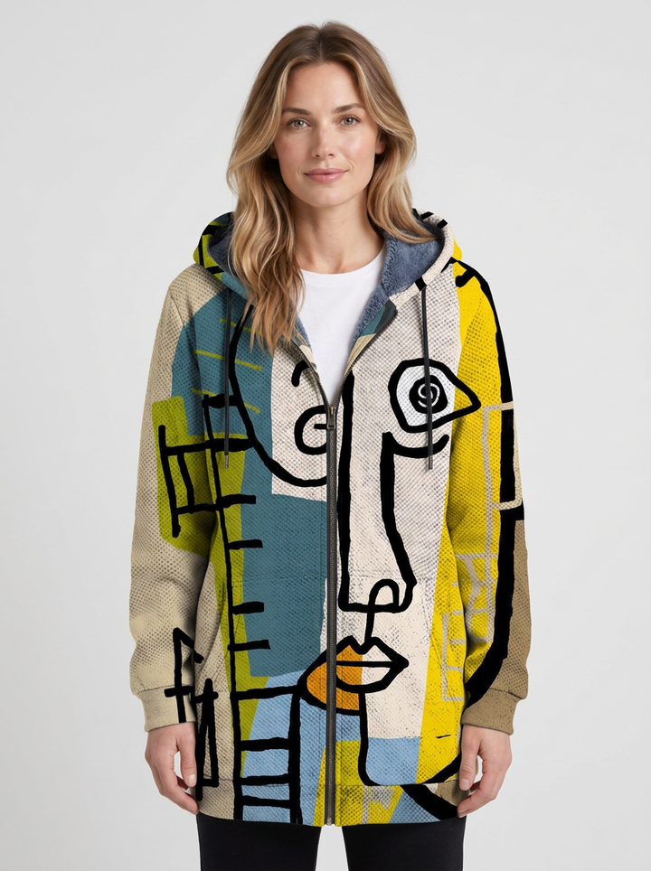 Cream Art-Print Long Hooded Zip Cardigan For Women