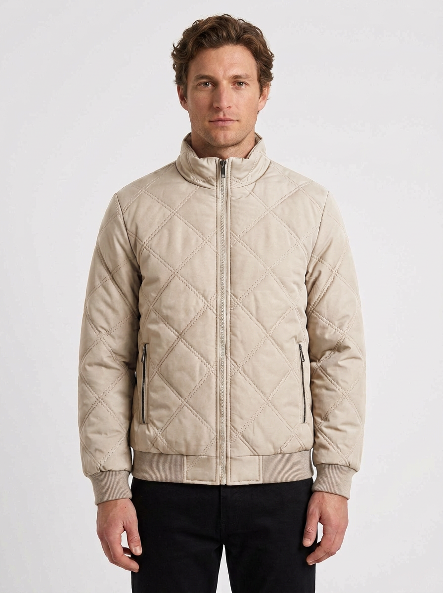 Diamond Quilted Jacket with High Collar for Men