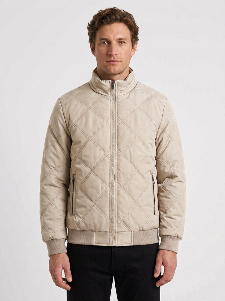 Diamond Quilted Jacket with High Collar for Men