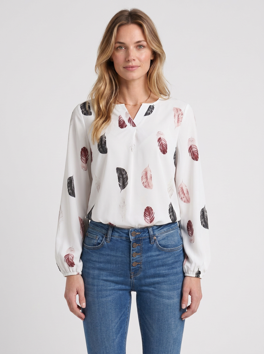 Feather-Print V-Neck Blouse For Women