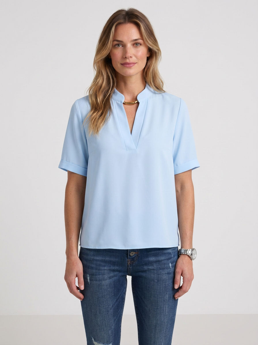 Fluid Blouse with V-Neck and Gold Detail for Women