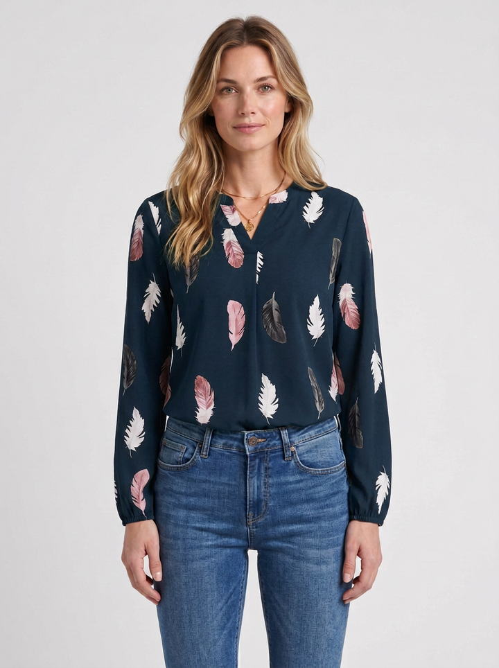 Feather-Print V-Neck Blouse For Women