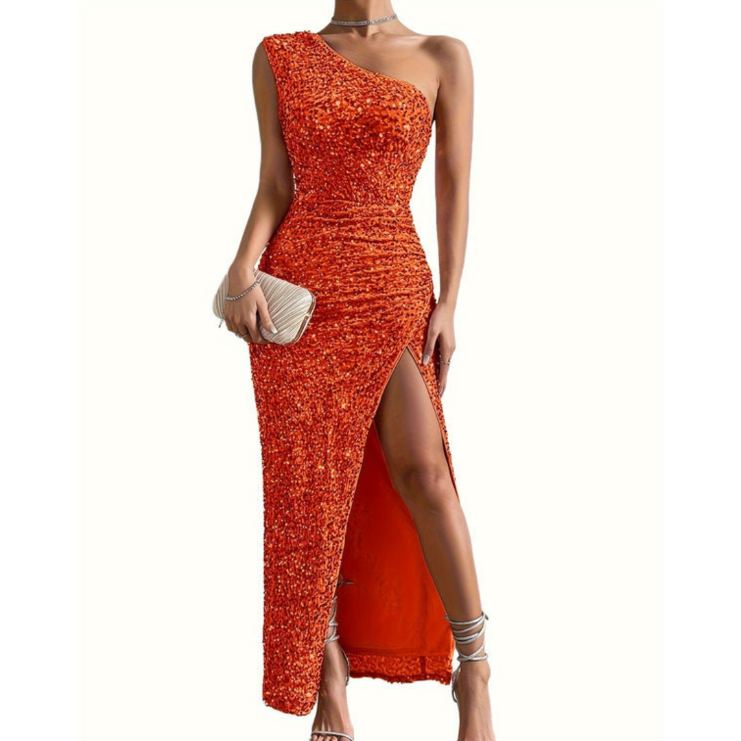 Asymmetrical Long Dress with Slit – Modern Sculptural Elegance