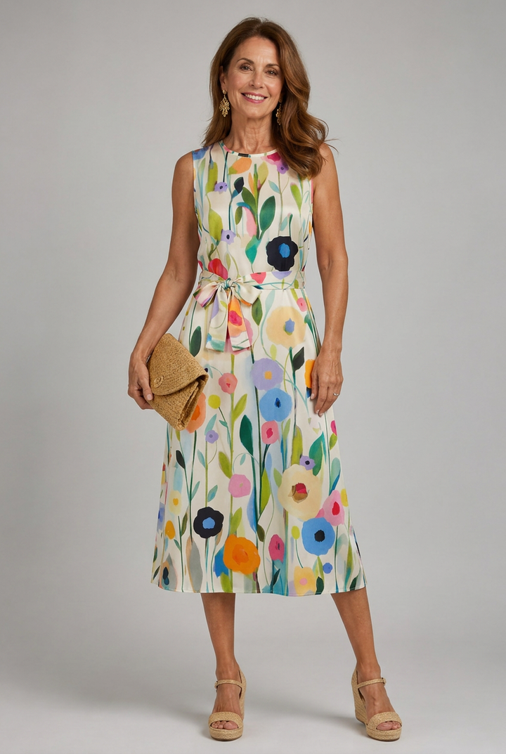 Women's Vibrant Floral Print Sleeveless Midi Dress, view 7 - Elena Harper