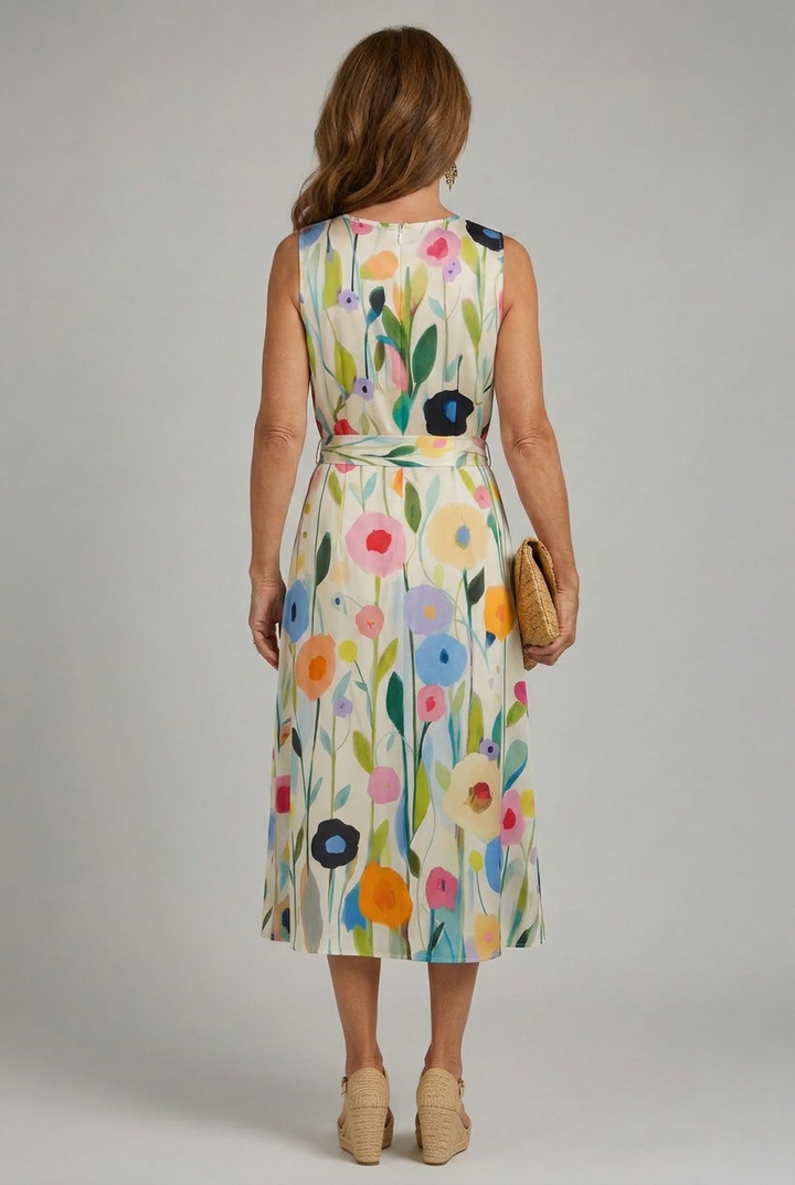 Women's Vibrant Floral Print Sleeveless Midi Dress, view 8 - Elena Harper