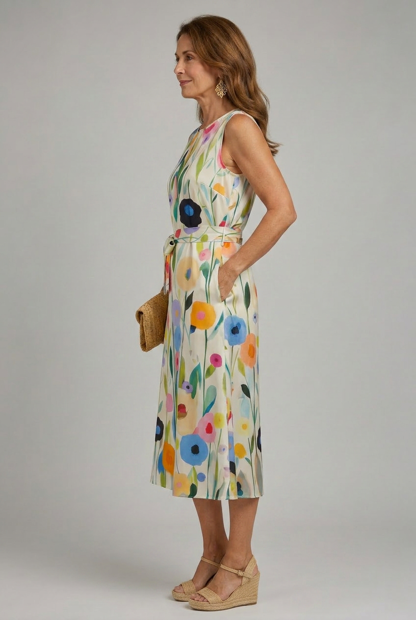 Women's Vibrant Floral Print Sleeveless Midi Dress, view 9 - Elena Harper