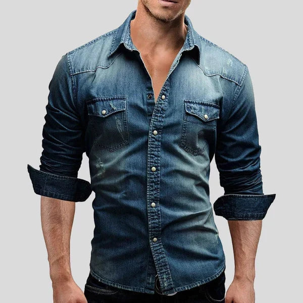 Men's Slim Fit Denim Shirt Classic Long Sleeve Button Up, view 2 - Elena Harper