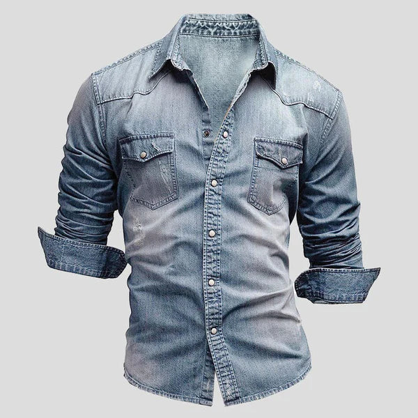 Men's Slim Fit Denim Shirt Classic Long Sleeve Button Up, view 4 - Elena Harper