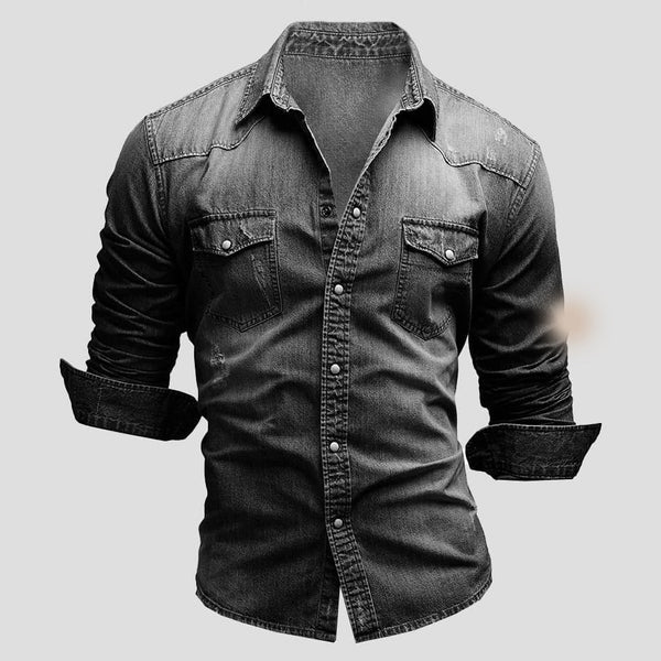 Men's Slim Fit Denim Shirt Classic Long Sleeve Button Up, view 3 - Elena Harper