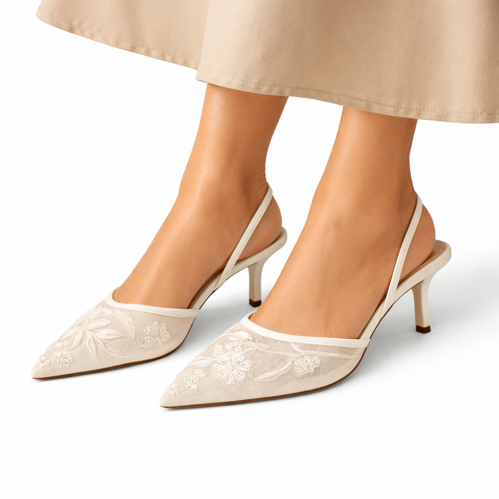 Ladies Mule Heels with Mesh and Floral Embroidery Pointed Toe - Elena Harper
