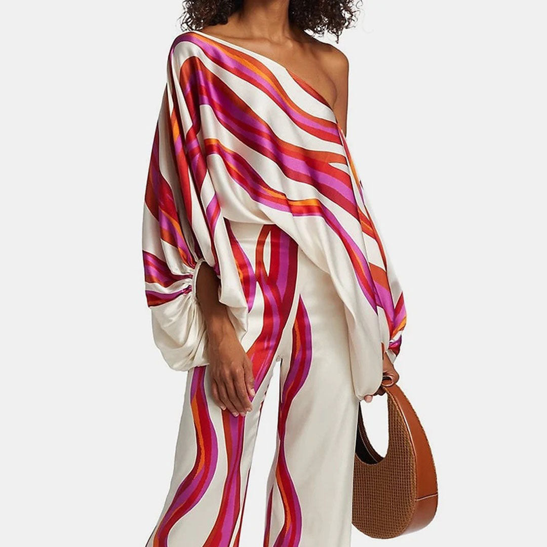 Two-Piece Satin Set with Asymmetrical Shoulder for Women – Elegant, Fluid, Lightweight