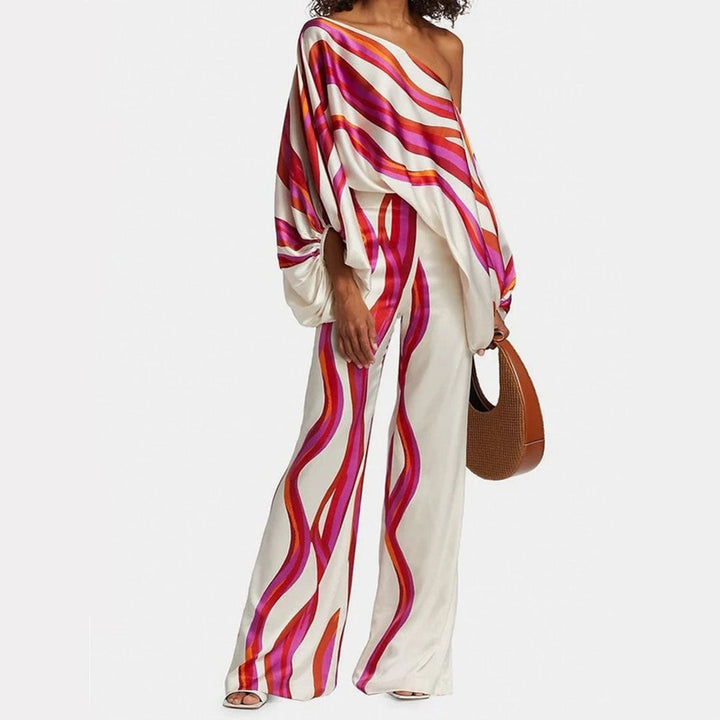 Two-Piece Satin Set with Asymmetrical Shoulder for Women – Elegant, Fluid, Lightweight