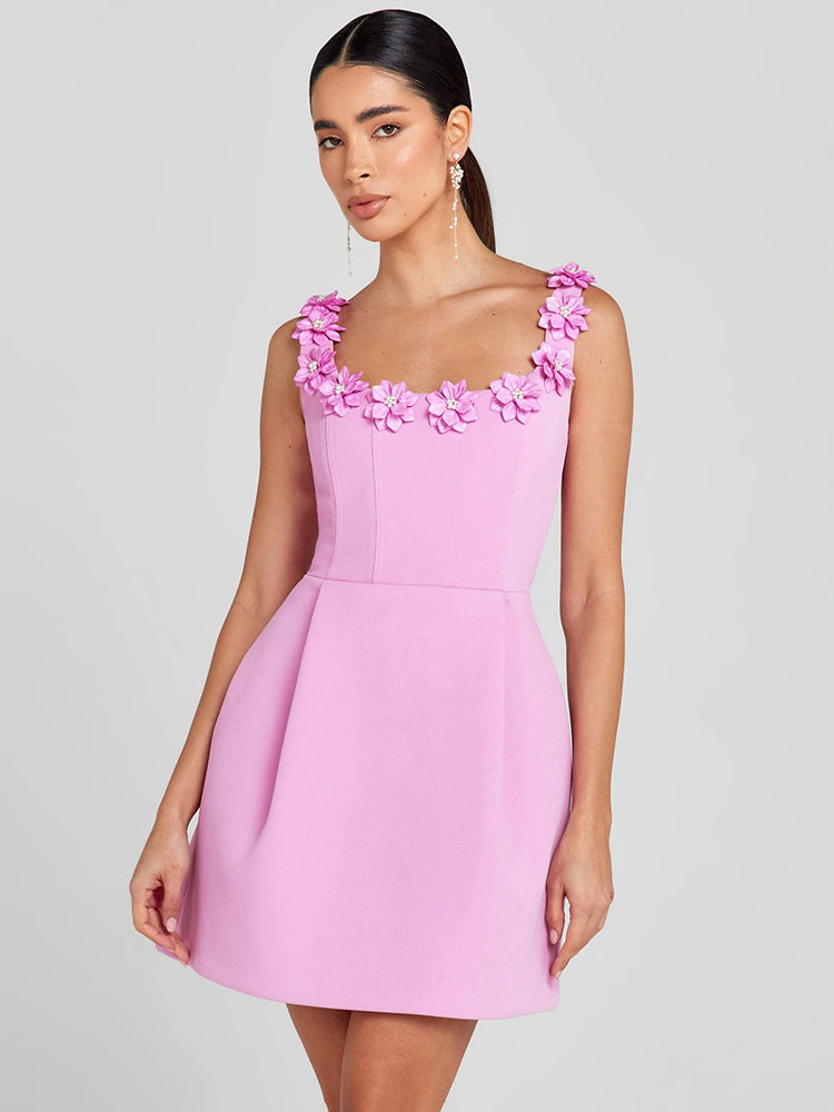 Women's Floral Embellished Mini Dress - Elegant & Flattering