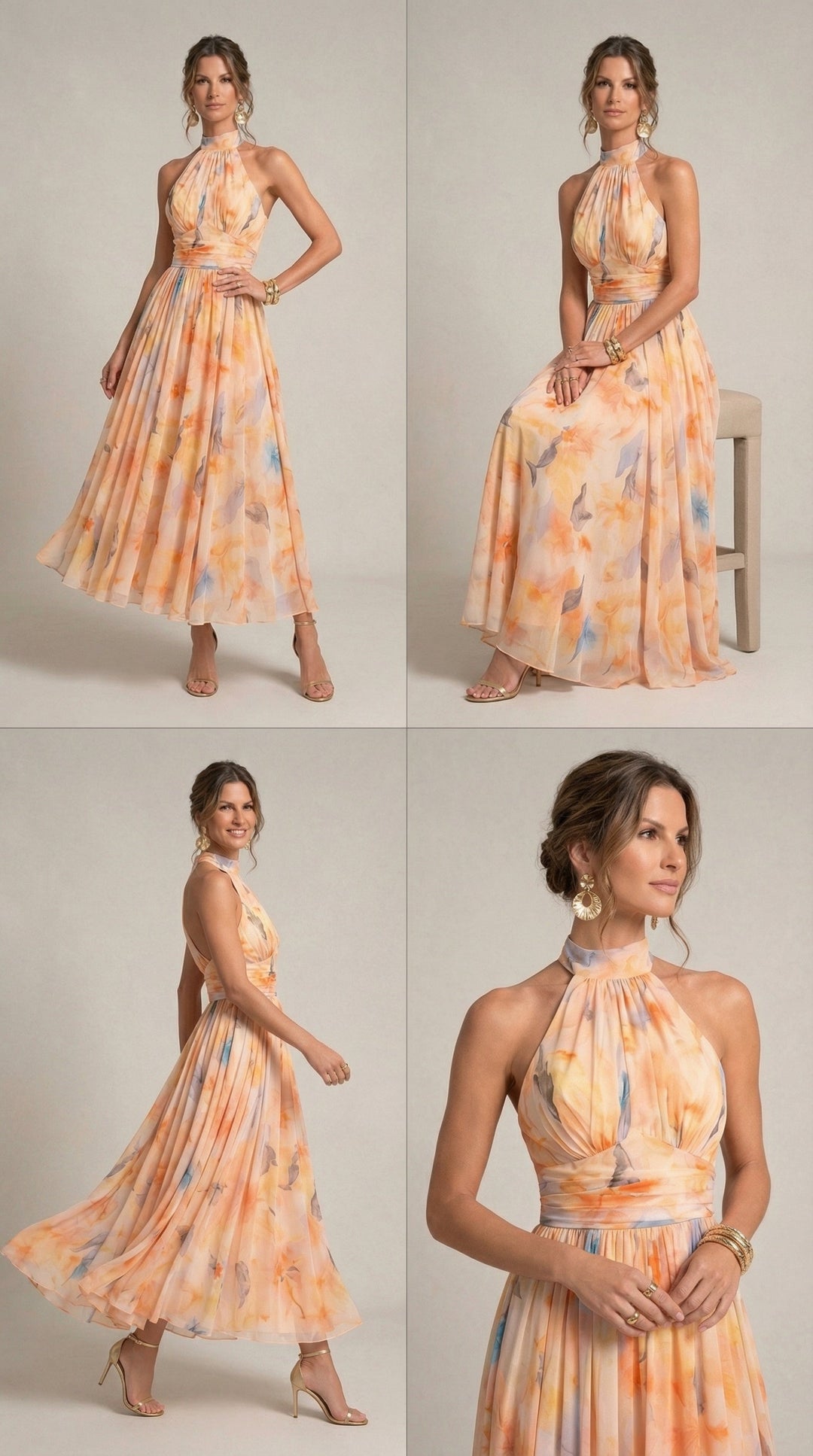 Esther™ halter neck watercolour print dress by Emma & Rose Cape Town, featuring a flowing design and vibrant floral pattern.