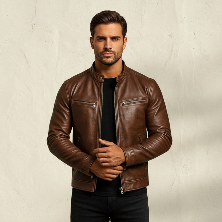 RECIO Vintage Leather Jacket with Zipper - Elena Harper