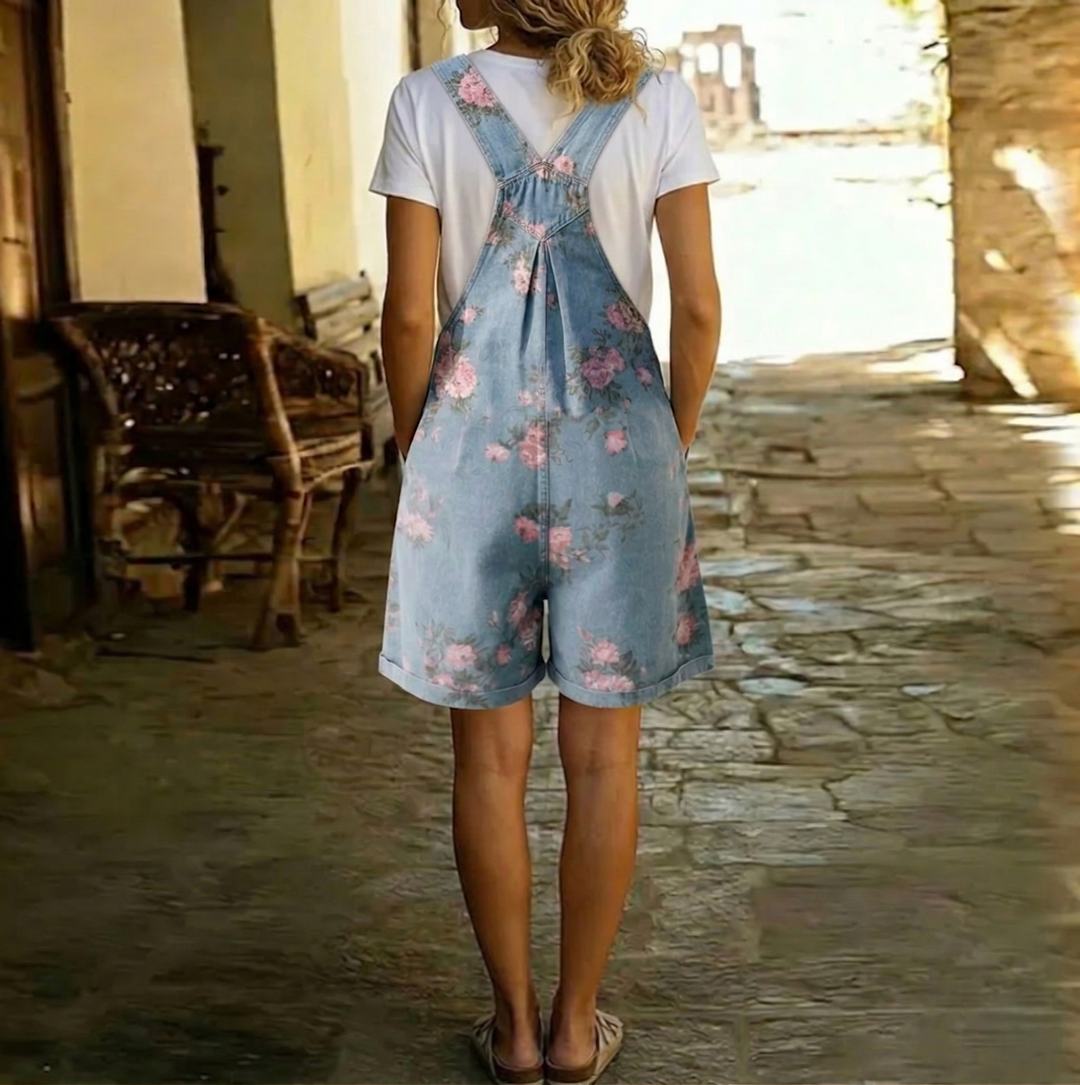 Judy | Vintage Denim Lavato with Soft Cotton Feel Floral Dungarees